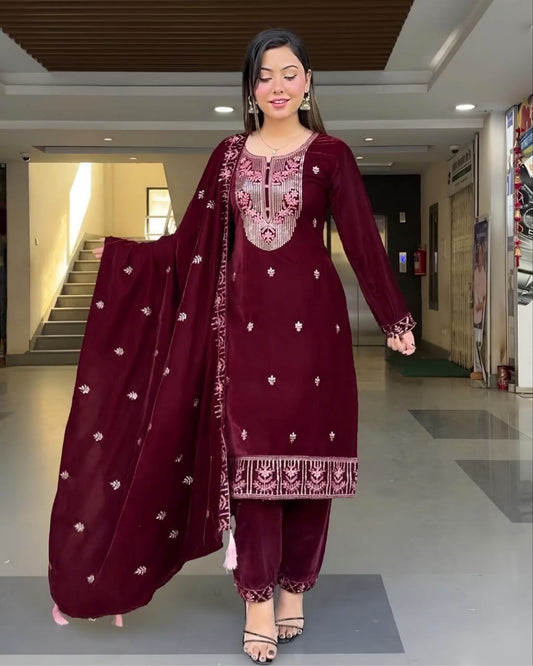 Beautiful Micro Velvet Embroidery Work Pakistani Suit With Dupatta