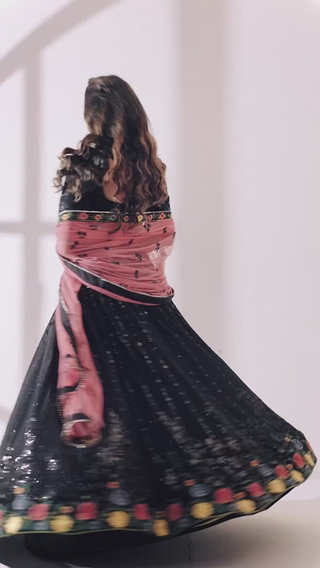 Black Georgette Flower Embroidered Lehenga Choli - Sequence Embroidery Work, Thread Embroidery Work