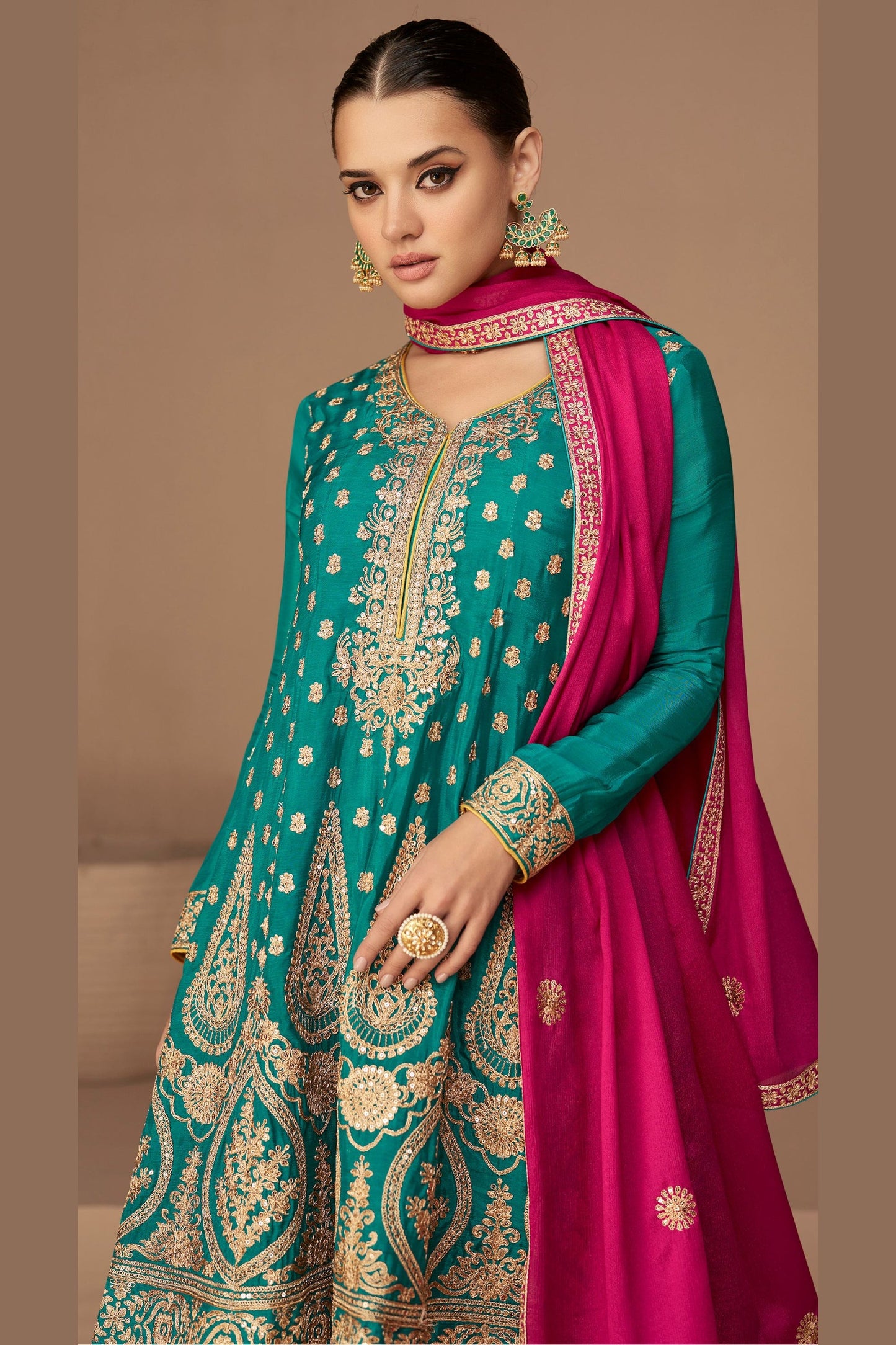 Teal Chinon Silk salwar Suit