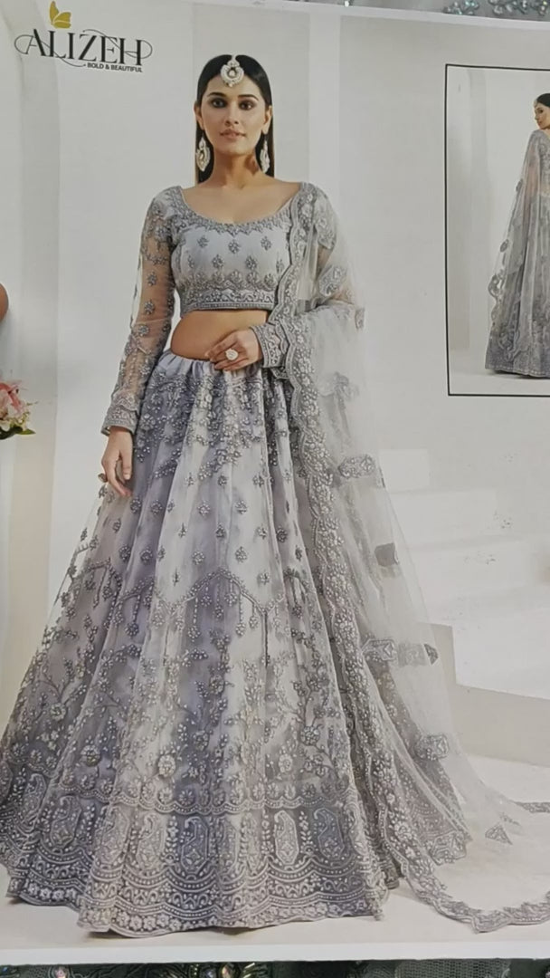 Grey Net Lehenga Choli - Thread Embroidery Work, Codding Embroidery Work, Butta Work, Stone Work