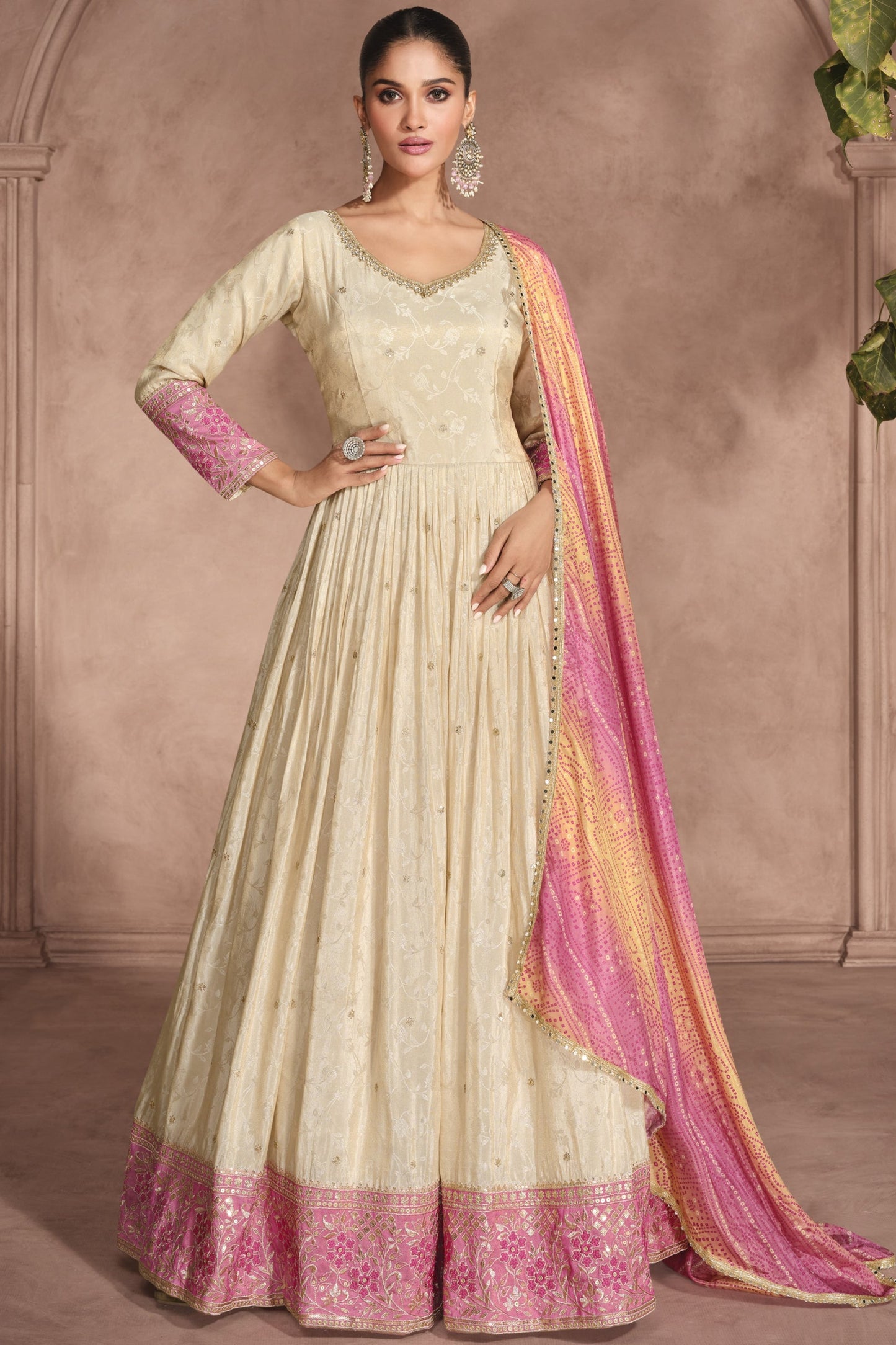 Cream Simar Jacquard Silk Full Floor Length Anarkali Suit